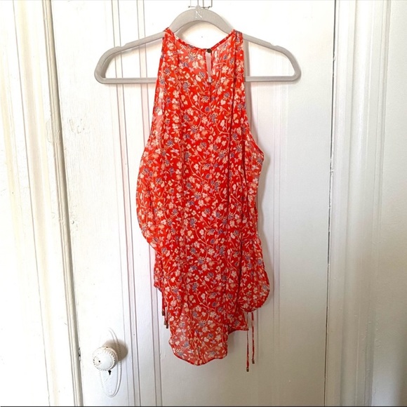 Veronica Beard 100% Silk Floral Cold Shoulder Blouse Red Tie Bow Sleeves - Picture 5 of 11